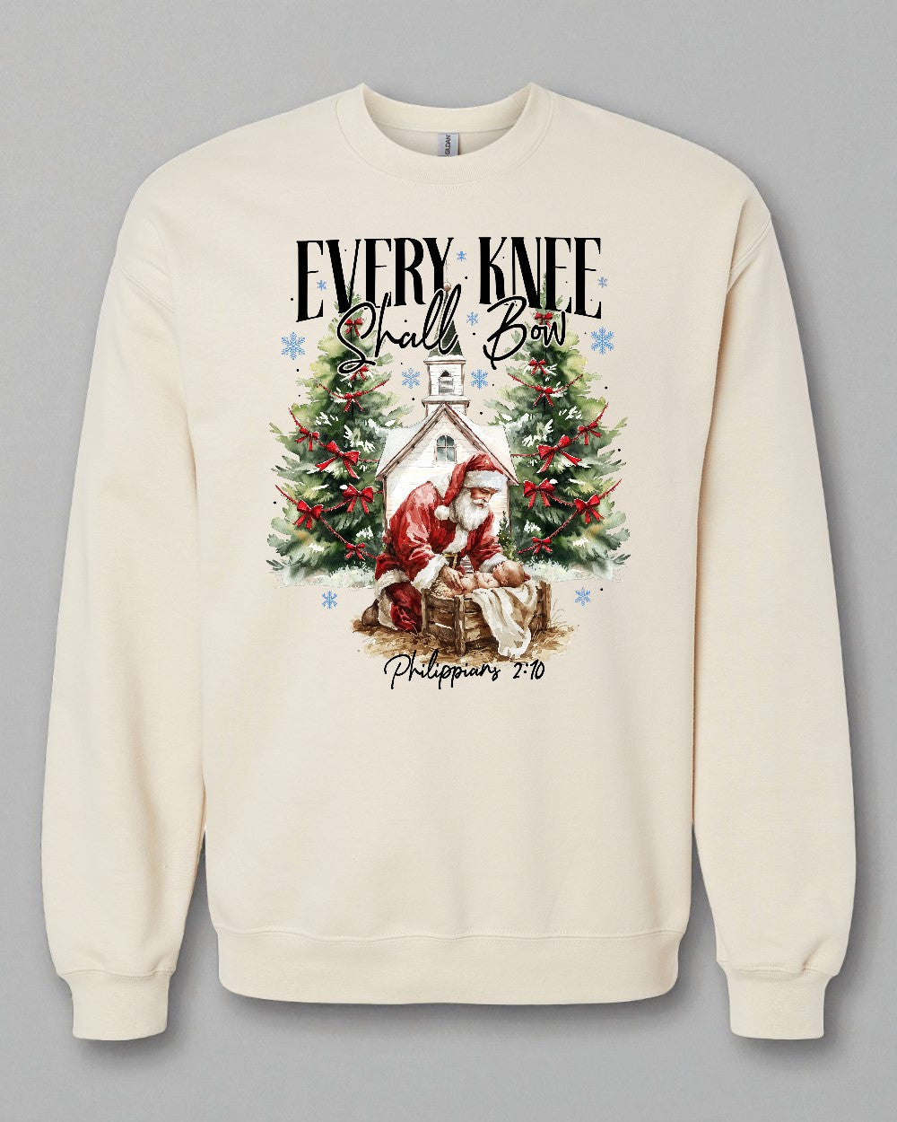 Every Knee Shall Bow Christmas Sweatshirt | Santa Kneeling at Manger | Christian Holiday Crewneck | Philippians 2:10