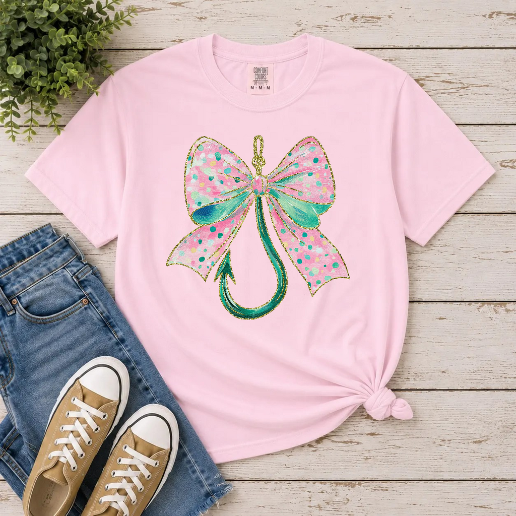 Fishing Hook Bow Tee – Comfort Colors 1717 | Women's Fishing Shirt