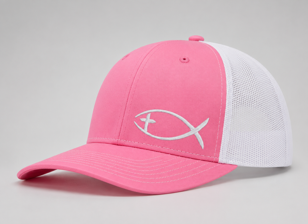 Christian fish cross embroidered Richardson 112 trucker hat in Pink/White
