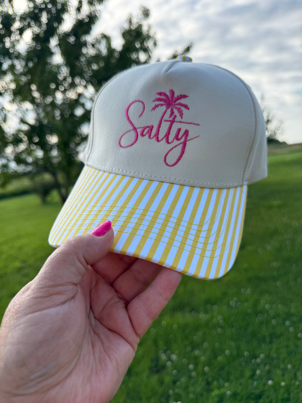 Salty Embroidered Trucker Hat | Coastal Beach Snapback | Aqua or Sunshine Stripe