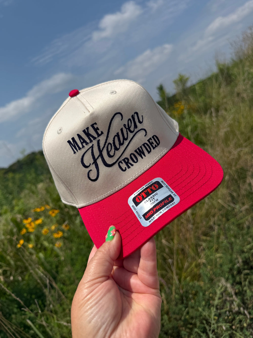 Make Heaven Crowded embroidered snapback hat in cream and red