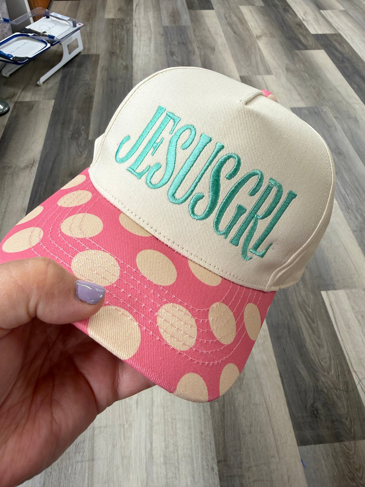 Jesus Girl Embroidered Canvas Hat | Pink Polka Dot Brim