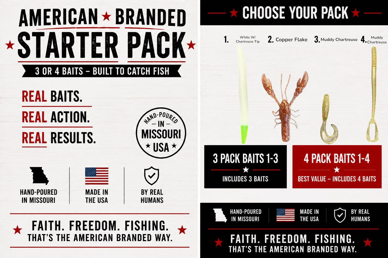 American Branded Starter Pack – Soft Plastic Fishing Lure Bundle – Hand-Poured in Missouri, USA