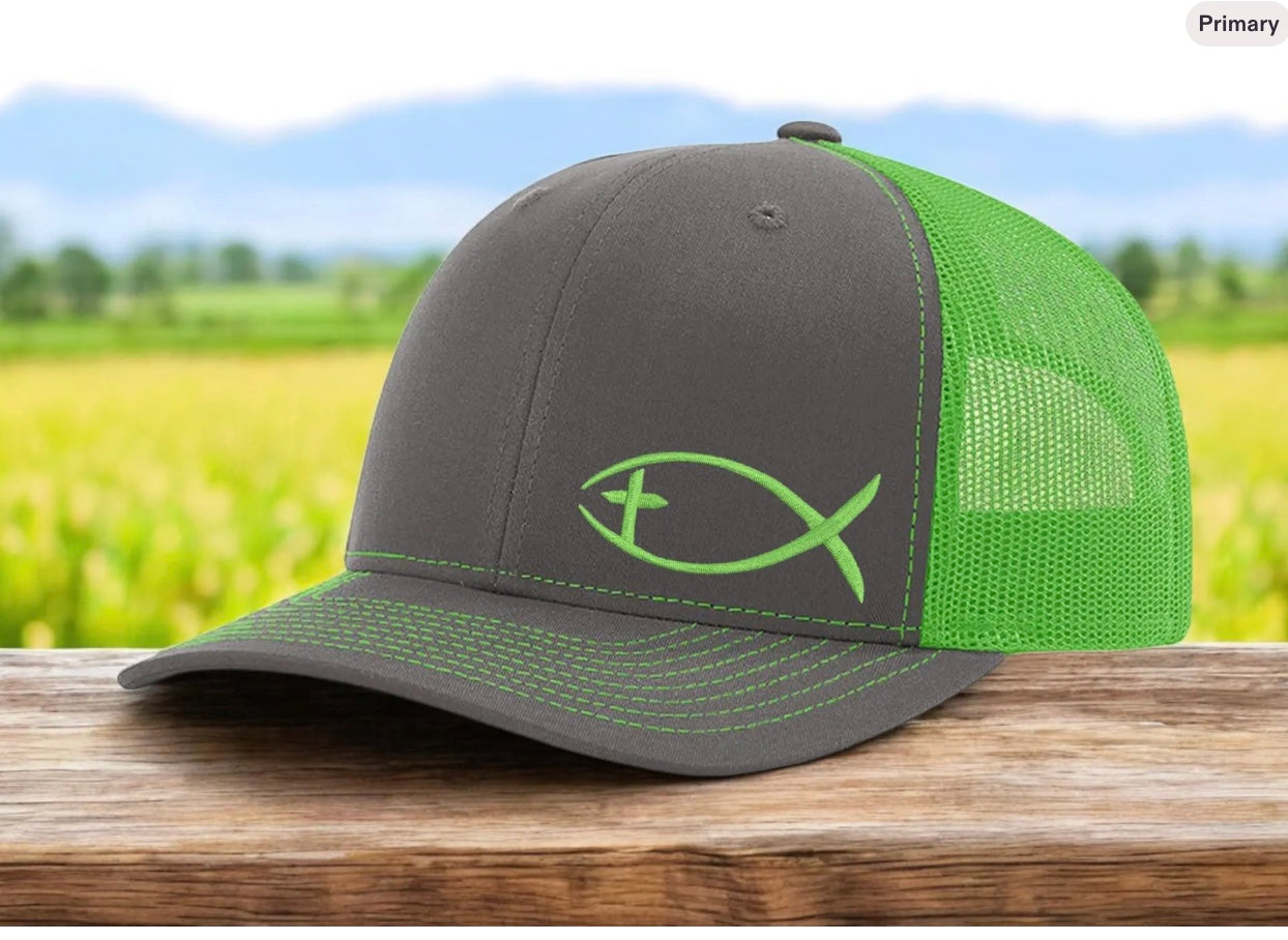 Christian fish cross embroidered Richardson 112 trucker hat in Charcoal/Neon Green