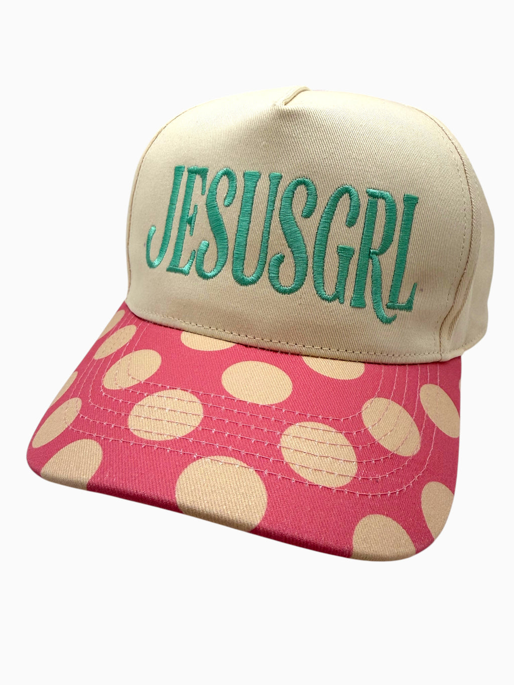 Jesus Girl Embroidered Canvas Hat | Pink Polka Dot Brim