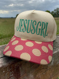 Jesus Girl Embroidered Canvas Hat | Pink Polka Dot Brim