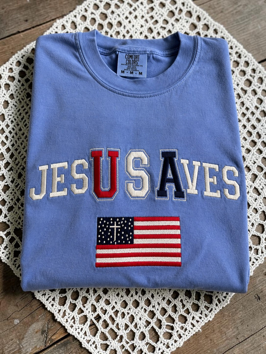 Jesus Saves Embroidered T-Shirt | Comfort Colors Flo Blue | Patriotic Christian Tee