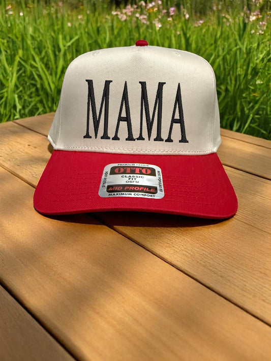 Bold "MAMA" Two-Tone Snapback Hat – Red & White Embroidered