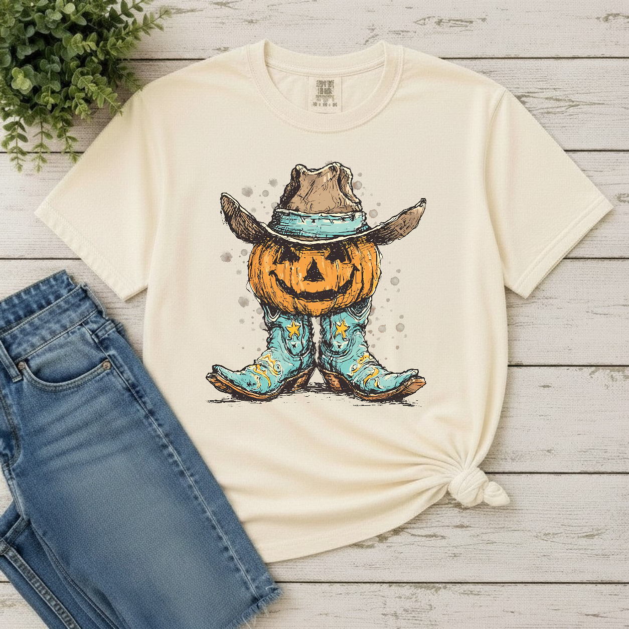 Western cowboy pumpkin graphic tee on Comfort Colors 1717 Ivory