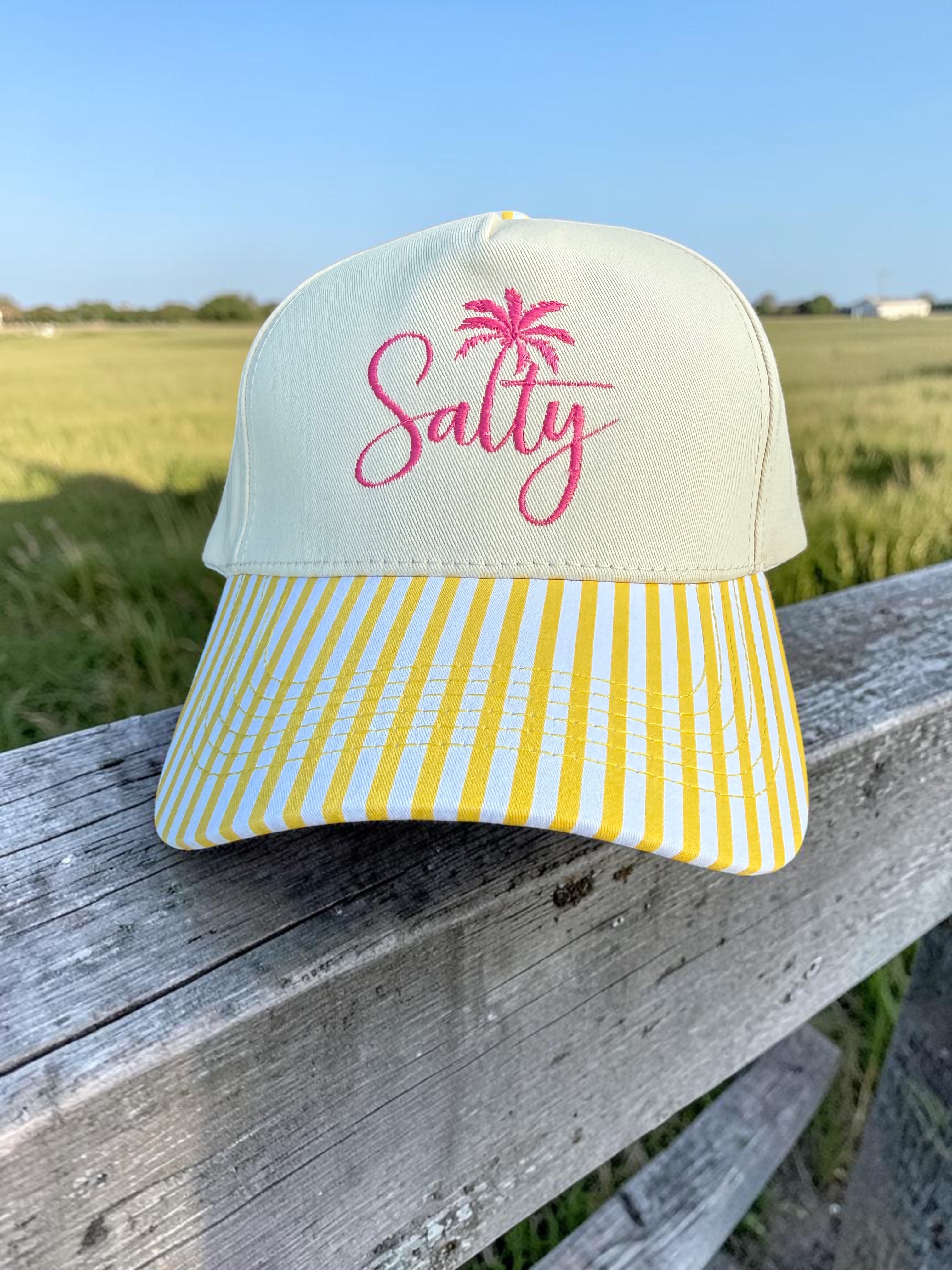 Salty Embroidered Trucker Hat | Coastal Beach Snapback | Aqua or Sunshine Stripe