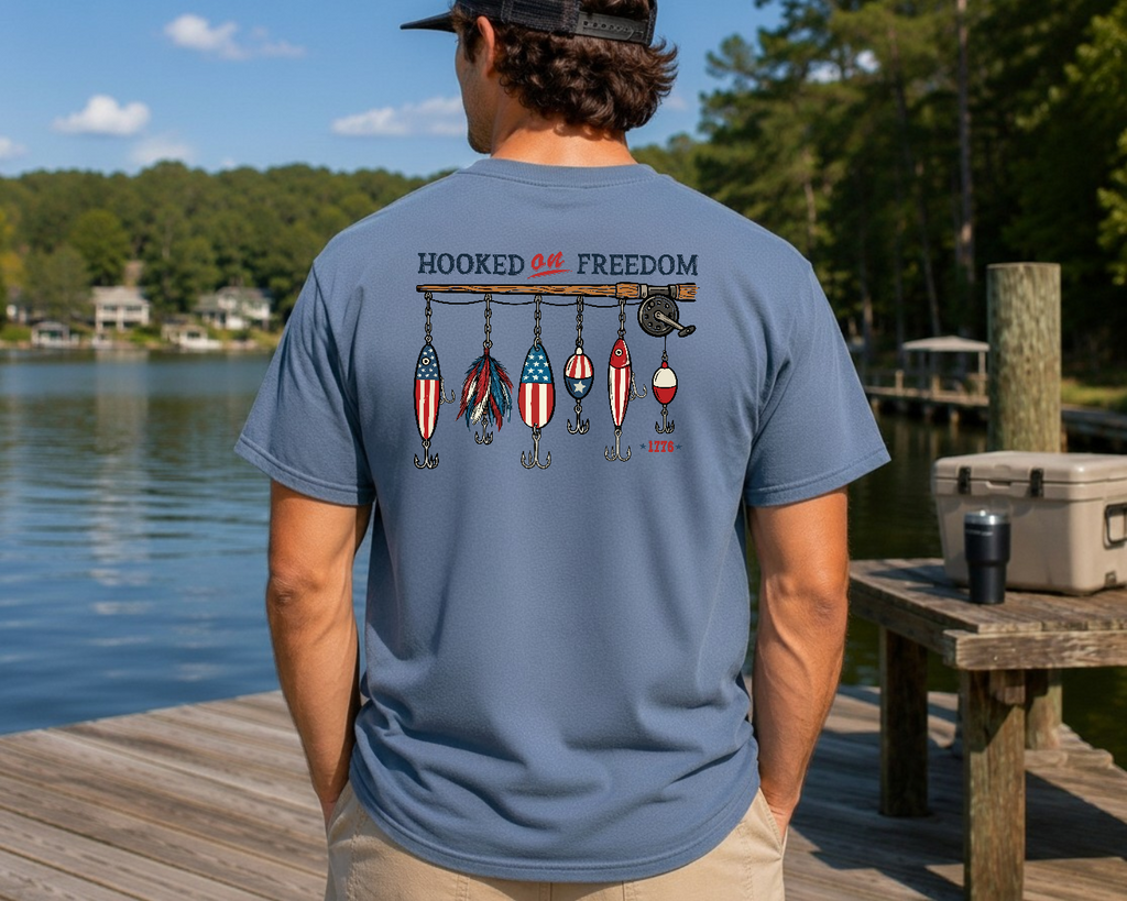 Hooked on Freedom Adult Unisex Tee – Patriotic Fishing Graphic Shirt
