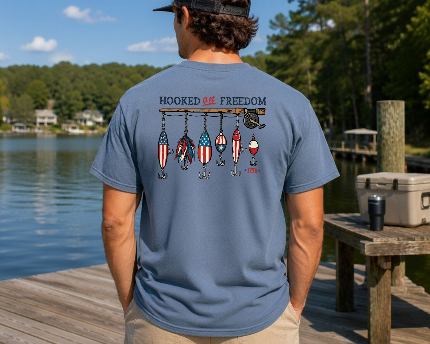 Hooked on Freedom Adult Unisex Tee – Patriotic Fishing Graphic Shirt