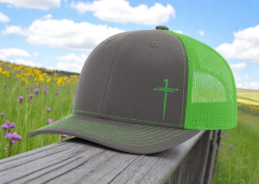 Embroidered Cross with 3 Nails: Gray & Neon Green Richardson 112