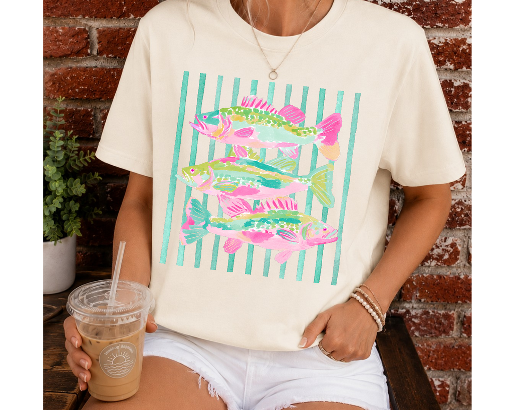 Preppy Fish Stripe Tee | Comfort Colors 1717 Ivory | Fishing Graphic Shirt