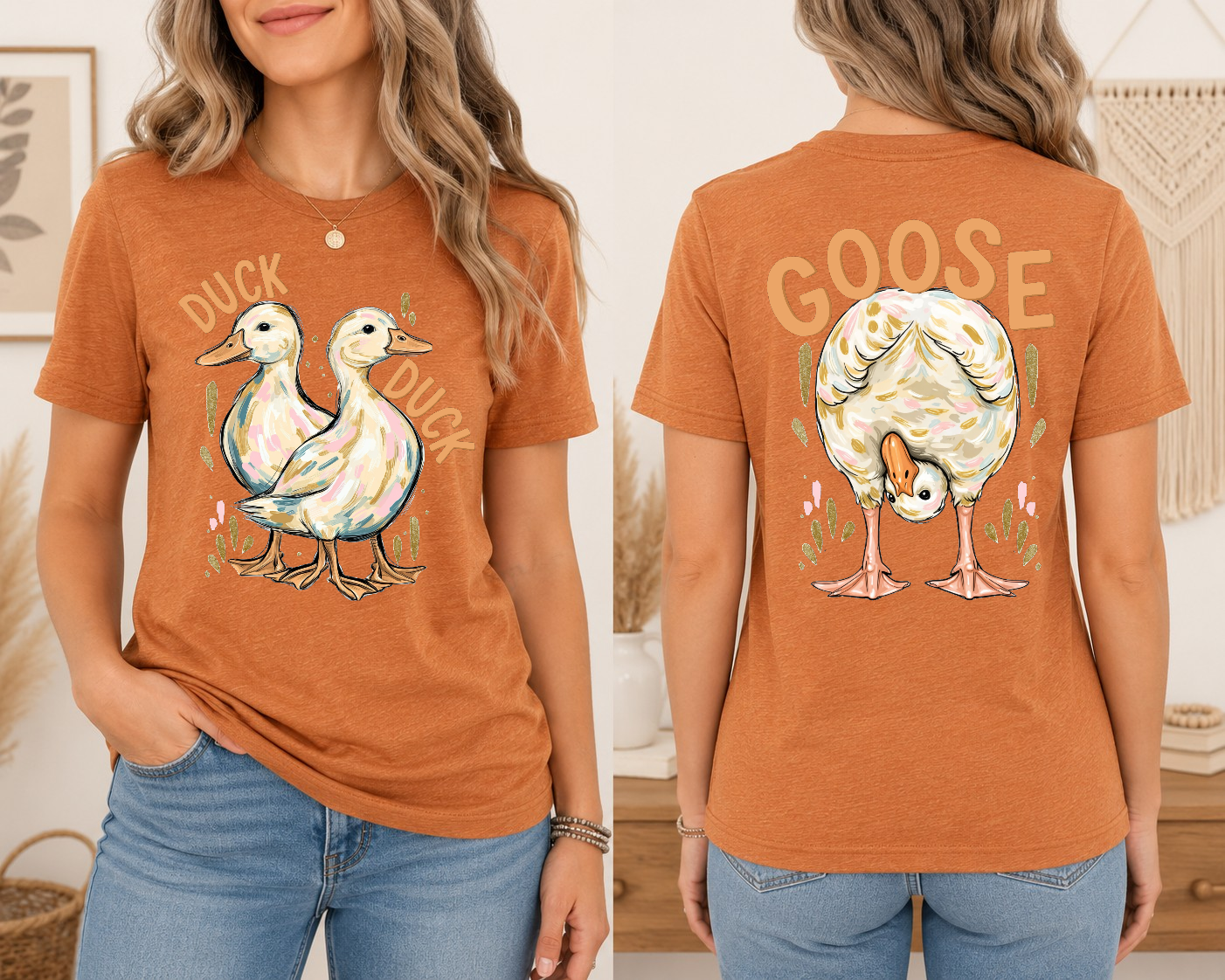 Duck Duck Goose graphic tee in Autumn Heather – front and back view