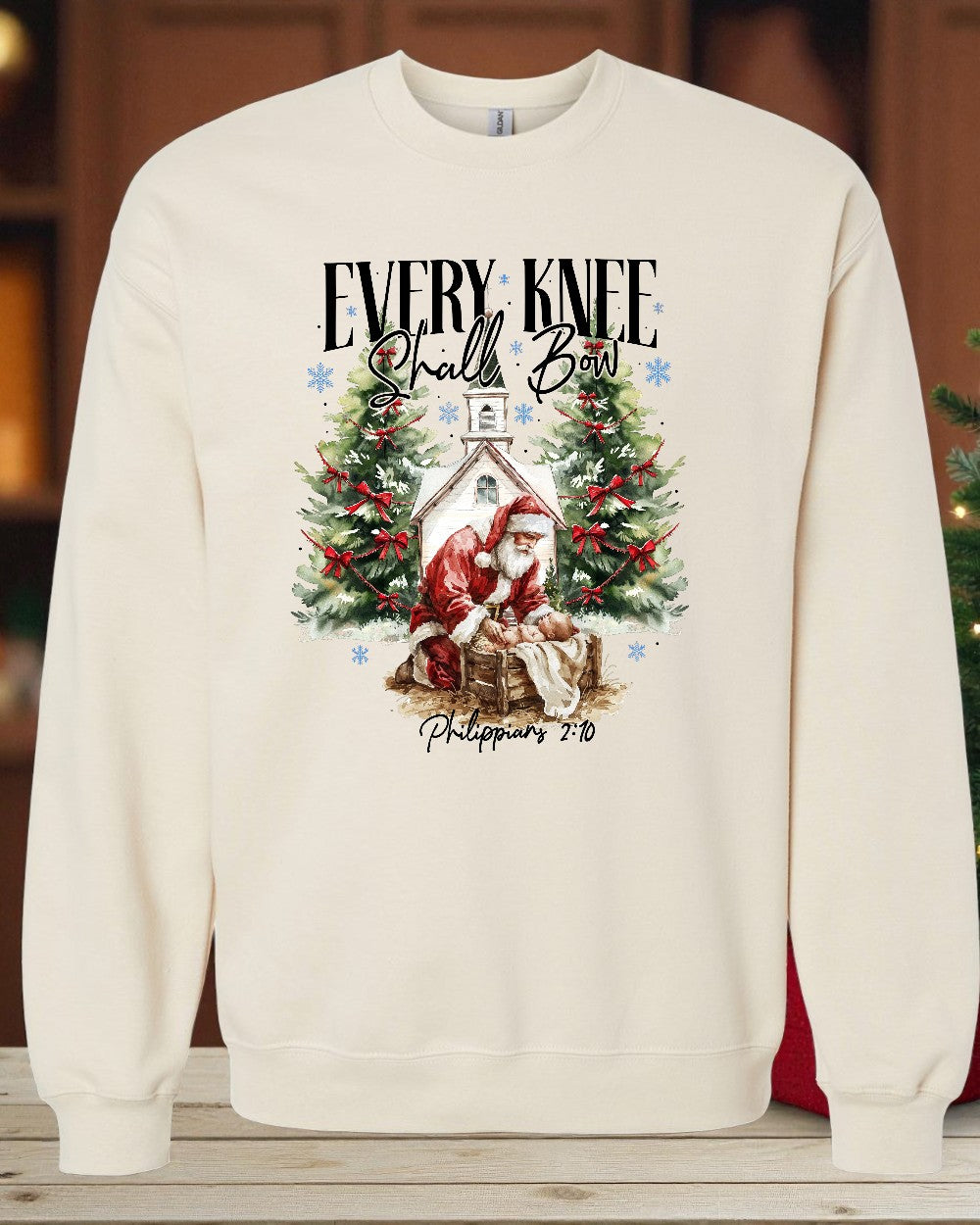 Every Knee Shall Bow Christmas Sweatshirt | Santa Kneeling at Manger | Christian Holiday Crewneck | Philippians 2:10