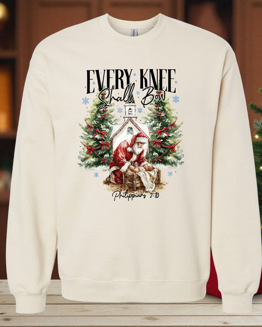 Every Knee Shall Bow Christmas Sweatshirt | Santa Kneeling at Manger | Christian Holiday Crewneck | Philippians 2:10