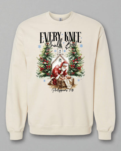 Every Knee Shall Bow Christmas Sweatshirt | Santa Kneeling at Manger | Christian Holiday Crewneck | Philippians 2:10