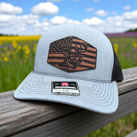 American Flag and Deer Leather Patch Richardson 112 Unisex Hat