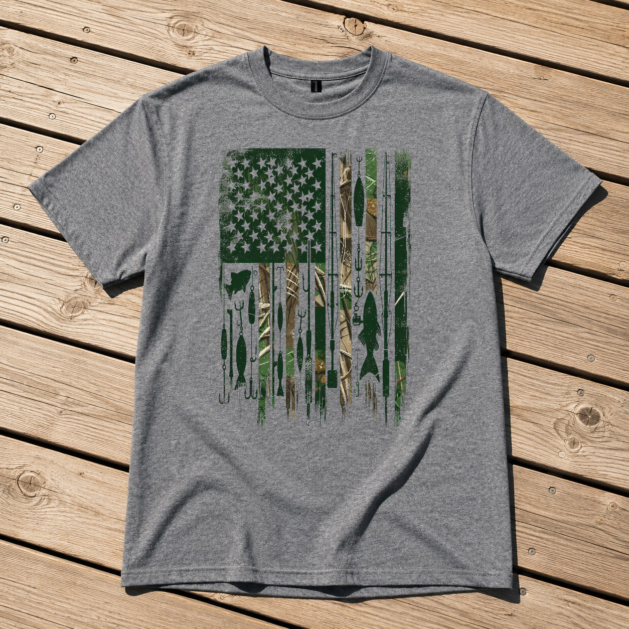American Fishing Flag Camo Graphic T-Shirt – Patriotic Angler Tee
