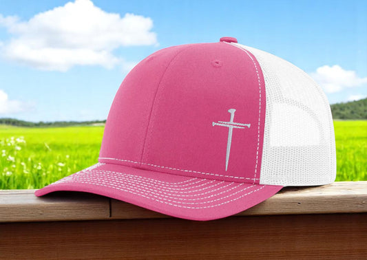3 Nails and Cross Pink Richardson 112 Snapback Mesh Hat