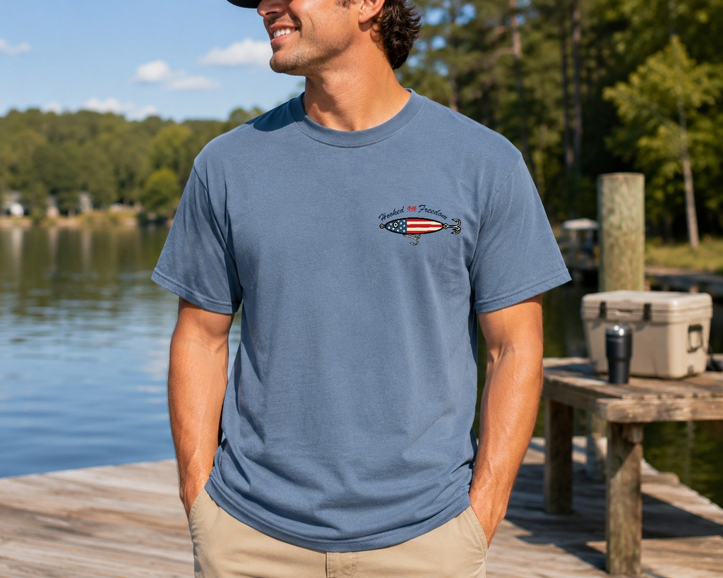 Hooked on Freedom Adult Unisex Tee – Patriotic Fishing Graphic Shirt
