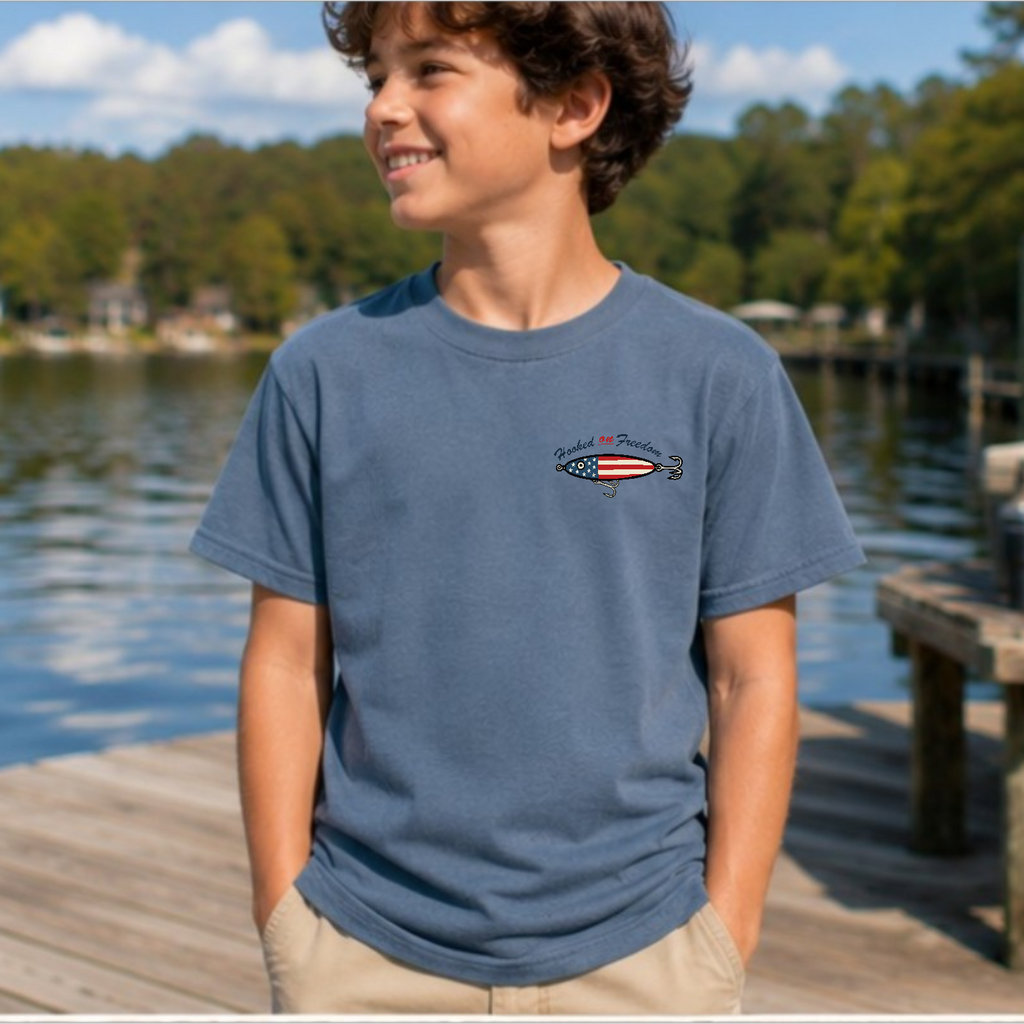 Hooked on Freedom Youth Tee – Patriotic Fishing Graphic Shirt