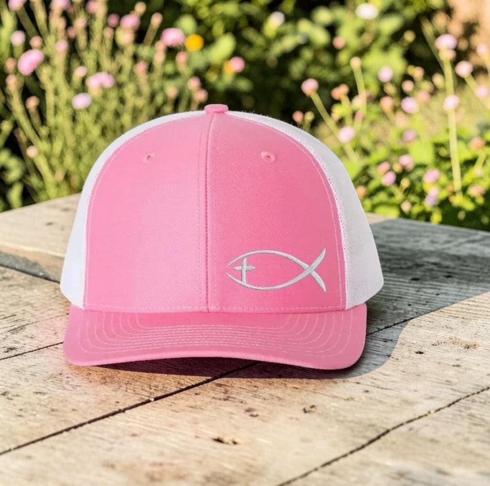 Richardson 112 Christian Fish Cross Trucker Hat – Pink/White