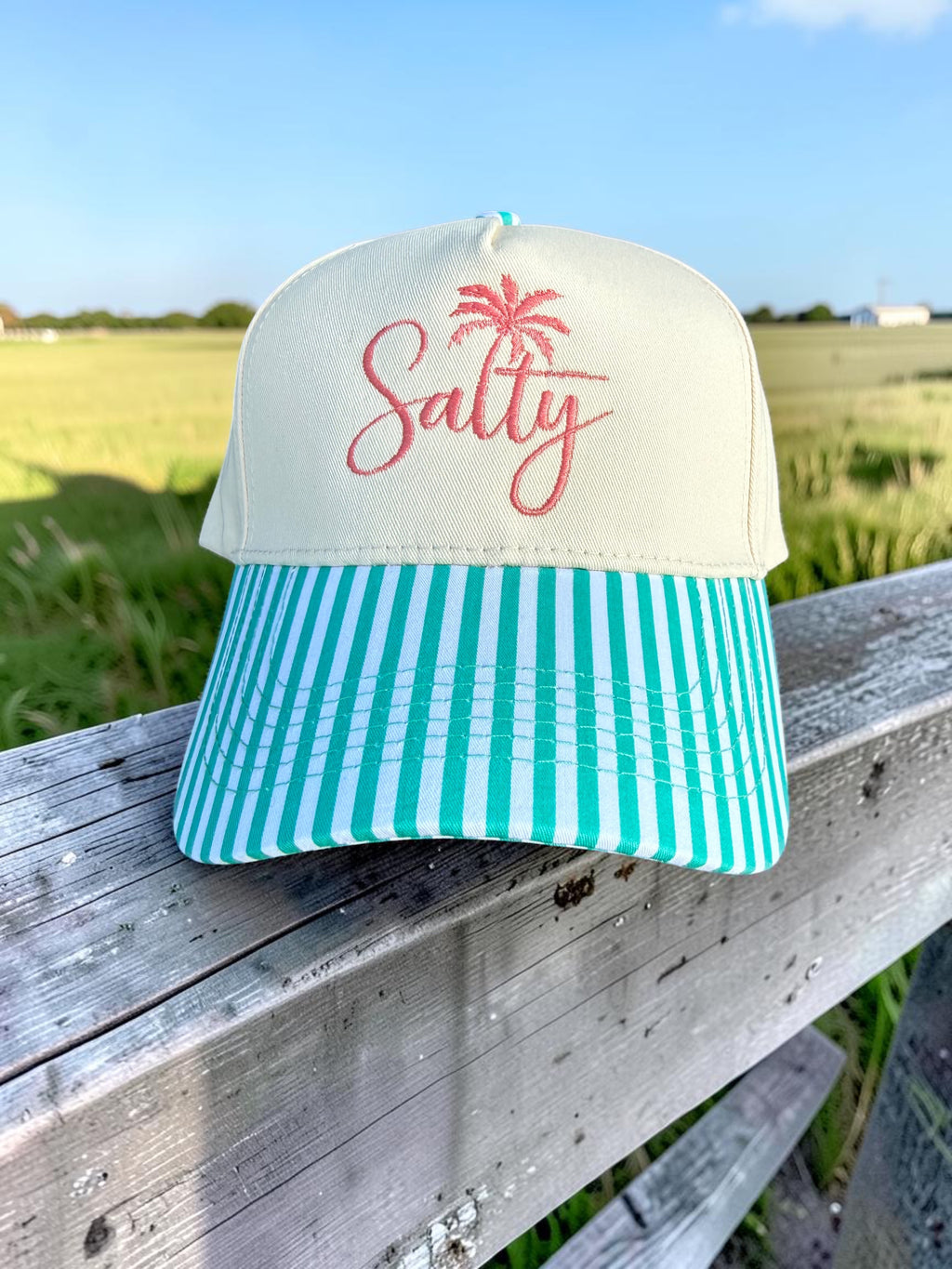 Salty Embroidered Trucker Hat | Coastal Beach Snapback | Aqua or Sunshine Stripe