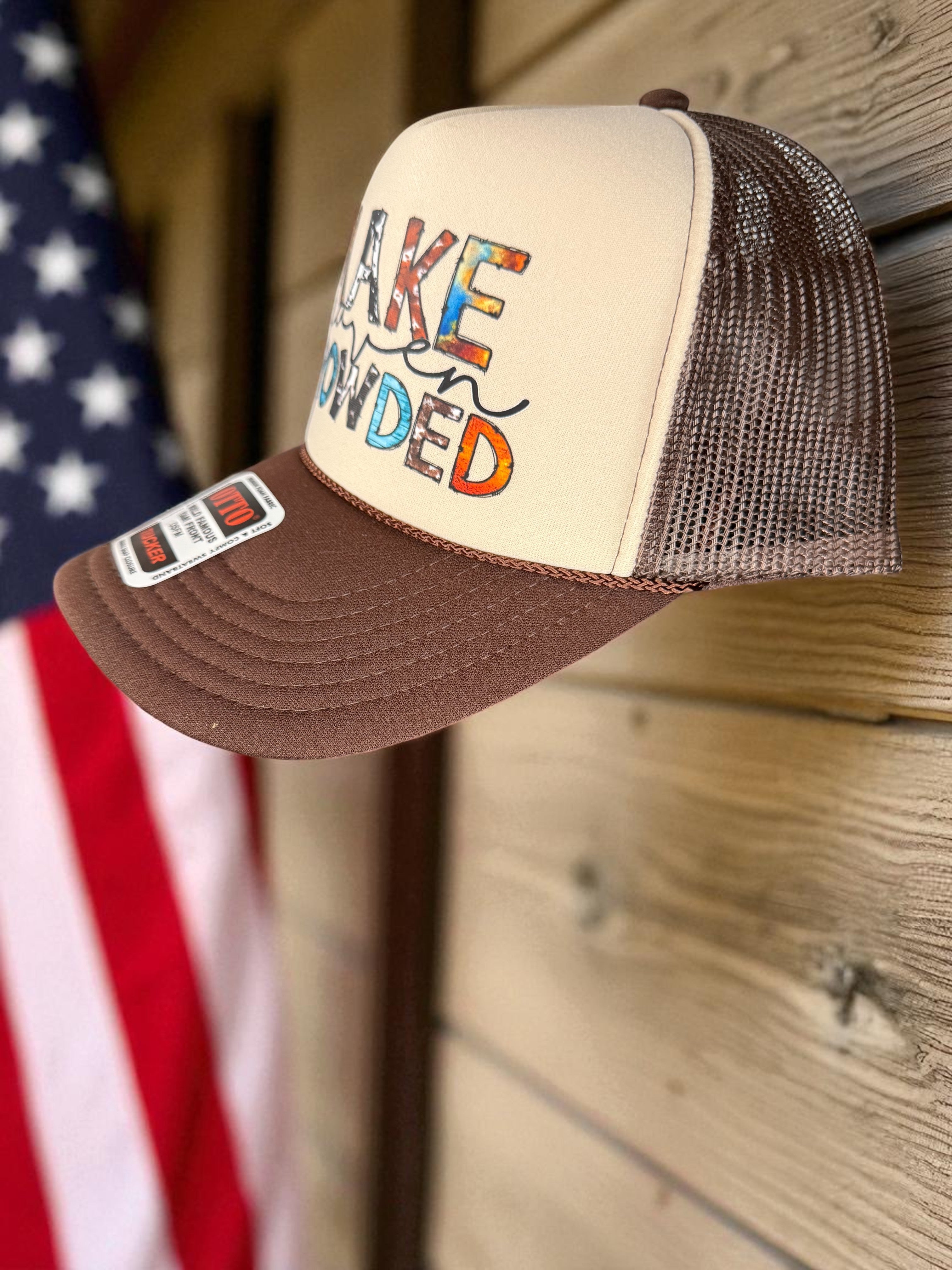 Make Heaven Crowded Trucker Hat – Christian Faith Hat – Colorful Patchwork Style Mesh Back Cap