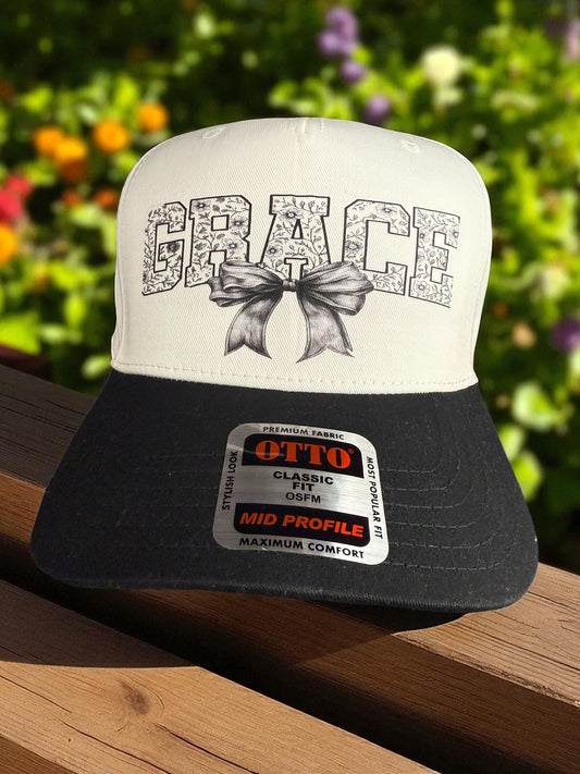 Grace Trucker Hat – Christian Faith Floral Lettering Cap with Bow OTTO Brand