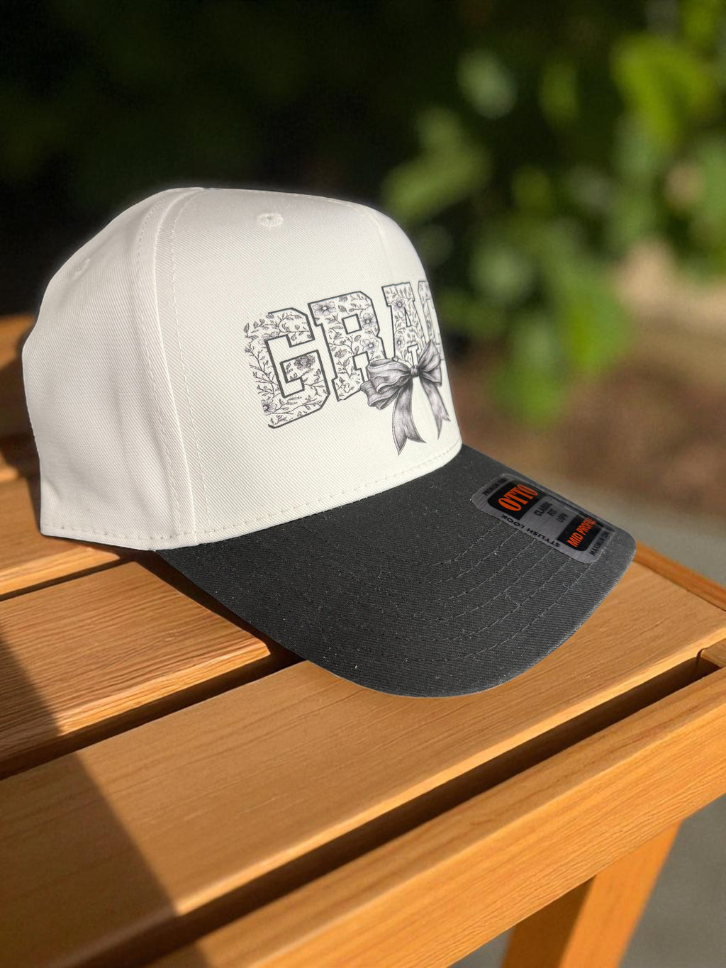 Grace Trucker Hat – Christian Faith Floral Lettering Cap with Bow OTTO Brand